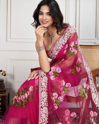 Pink embroidered work saree with blouse piece 1