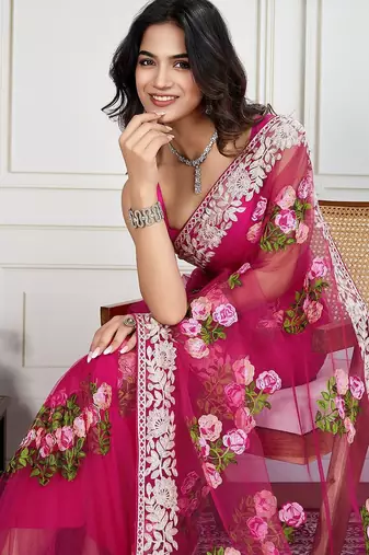 Pink embroidered work saree with blouse piece
