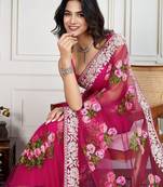 Pink embroidered work saree with blouse piece