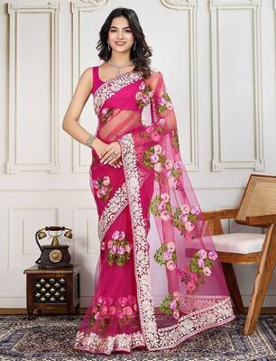 Pink embroidered work saree with blouse piece 2