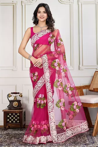 Pink embroidered work saree with blouse piece