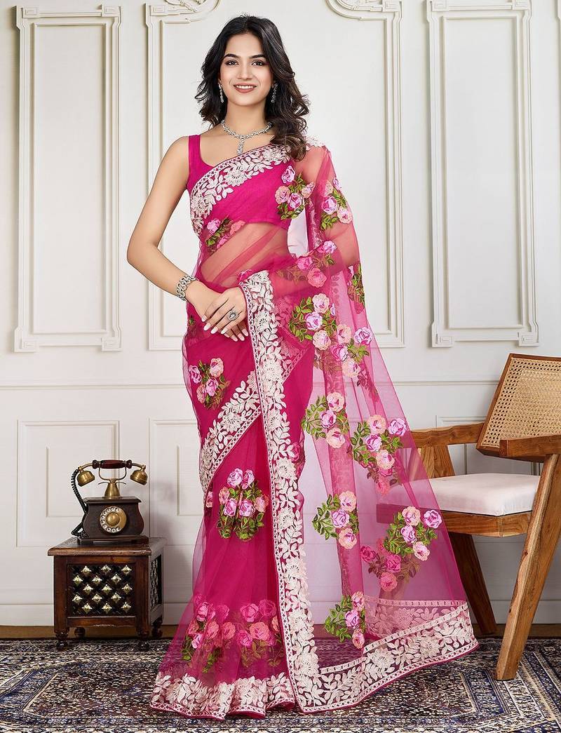 Pink embroidered work saree with blouse piece
