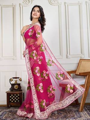 Pink embroidered work saree with blouse piece 3