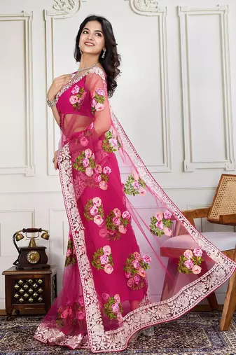 Pink embroidered work saree with blouse piece
