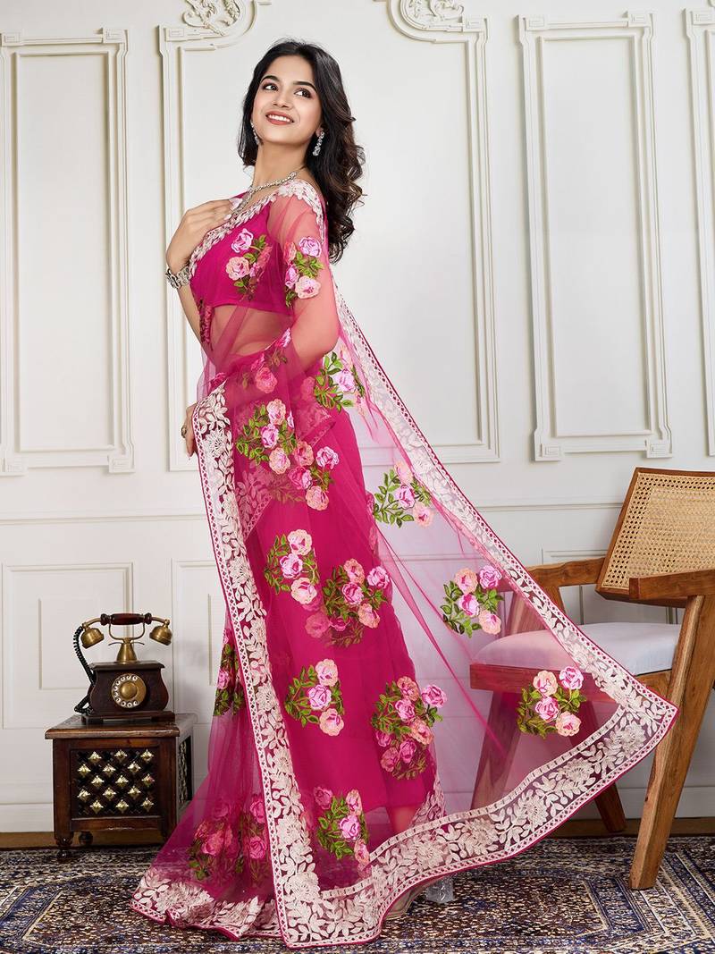 Pink embroidered work saree with blouse piece