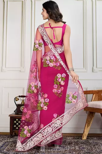 Pink embroidered work saree with blouse piece