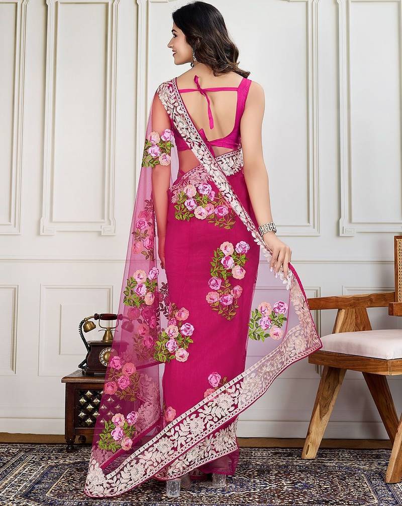 Pink embroidered work saree with blouse piece