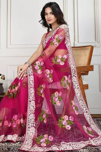 Pink embroidered work saree with blouse piece