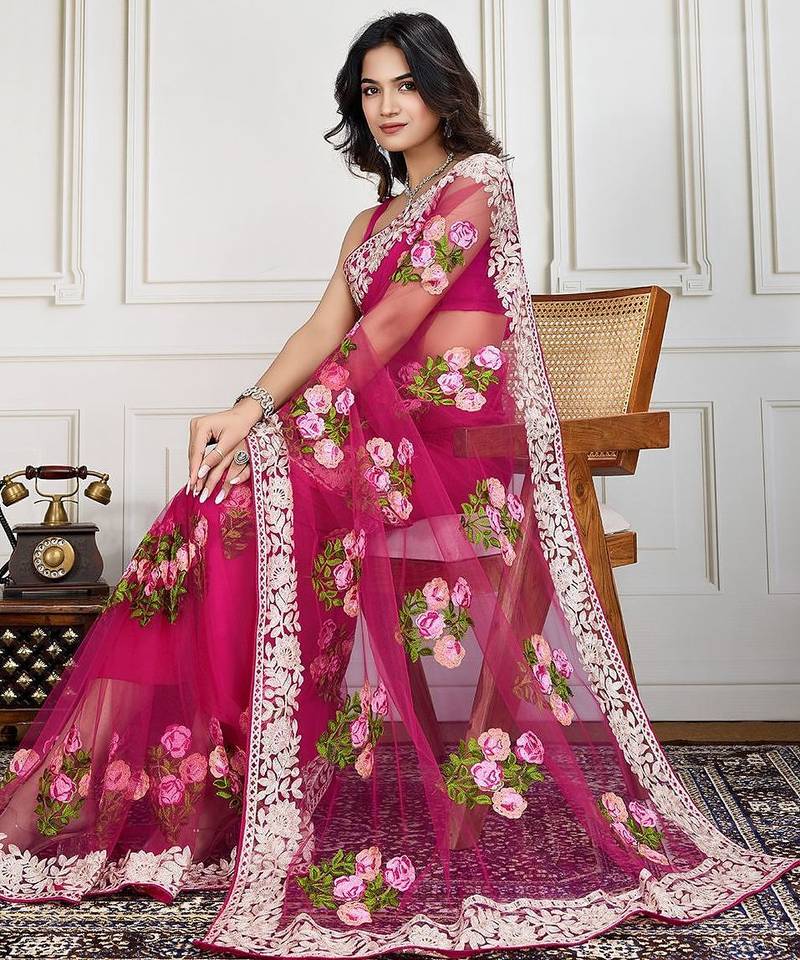 Pink embroidered work saree with blouse piece
