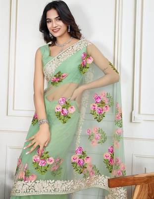 Olive embroidered work saree with blouse piece 1