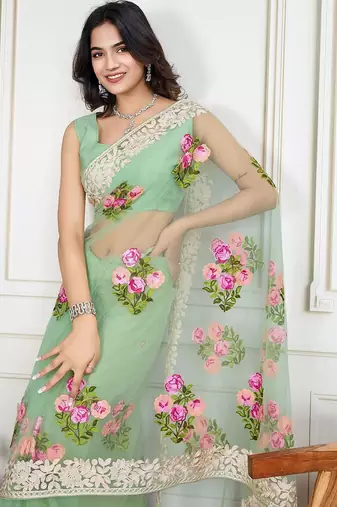 Olive embroidered work saree with blouse piece