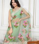 Olive embroidered work saree with blouse piece