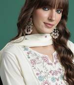 Off white embroidered pure cotton kurta trouser dupatta set