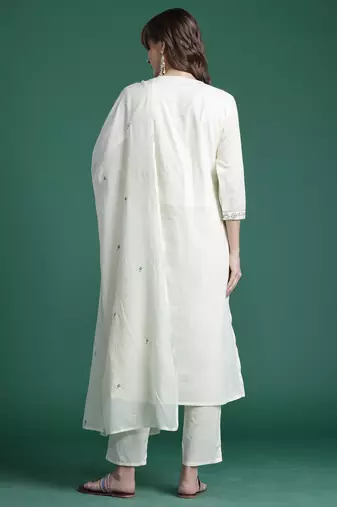 Off white embroidered pure cotton kurta trouser dupatta set