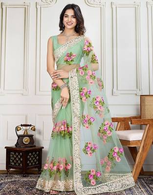 Olive embroidered work saree with blouse piece 2