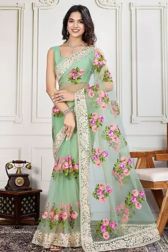 Olive embroidered work saree with blouse piece