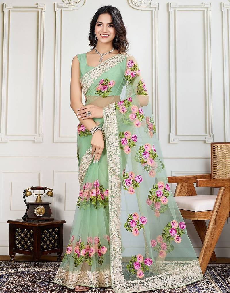 Olive embroidered work saree with blouse piece