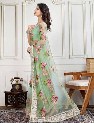 Olive embroidered work saree with blouse piece 3