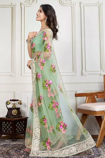 Olive embroidered work saree with blouse piece