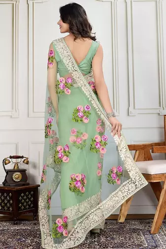 Olive embroidered work saree with blouse piece