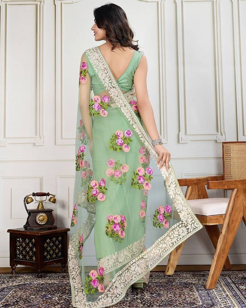 Olive embroidered work saree with blouse piece