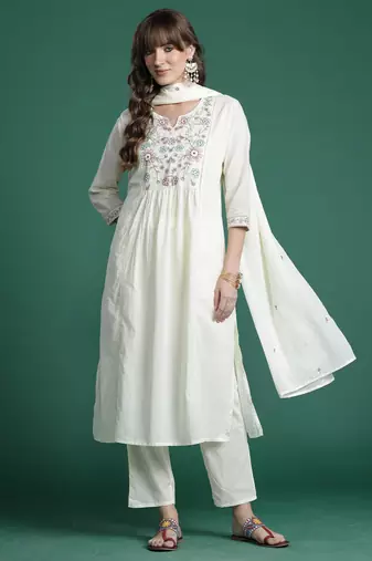 Off white embroidered pure cotton kurta trouser dupatta set