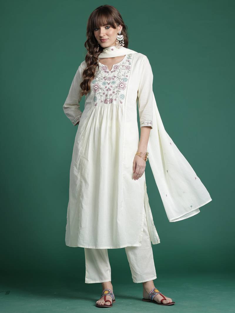 Off white embroidered pure cotton kurta trouser dupatta set