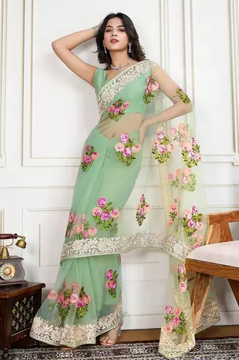 Olive embroidered work saree with blouse piece