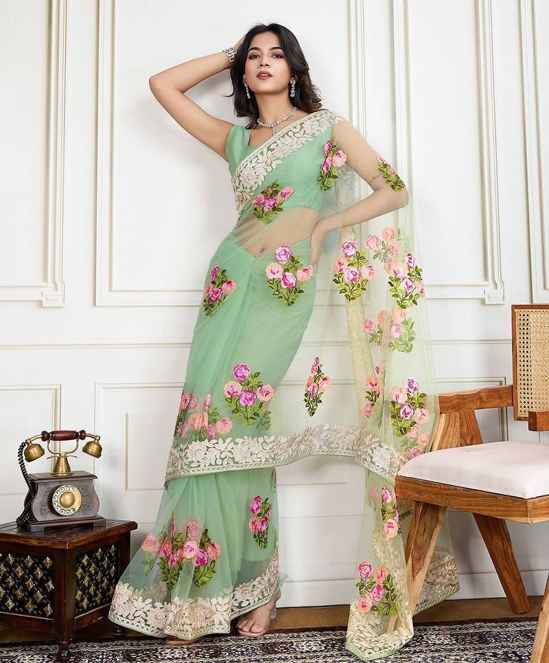 Olive embroidered work saree with blouse piece