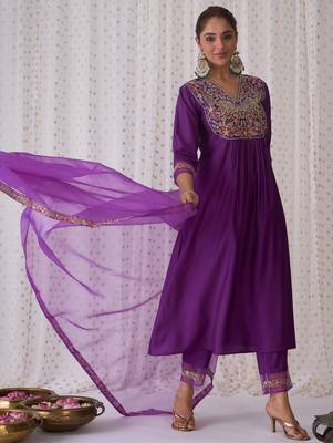 Purple embroidered liva kurta trouser dupatta set 1