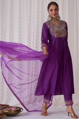 Purple embroidered liva kurta trouser dupatta set