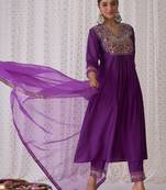 Purple embroidered liva kurta trouser dupatta set