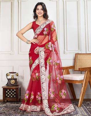 Red embroidered work saree with blouse piece 2