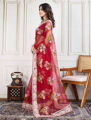 Red embroidered work saree with blouse piece 3