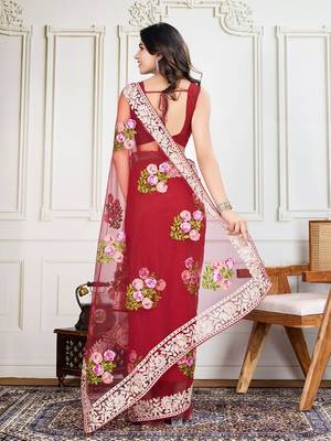 Red embroidered work saree with blouse piece 4
