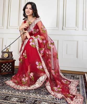 Red embroidered work saree with blouse piece 5