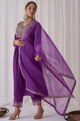 Purple embroidered liva kurta trouser dupatta set