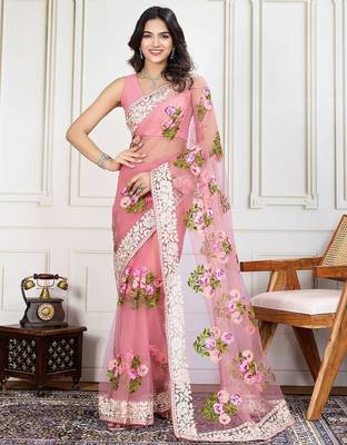 Mauve embroidered work saree with blouse piece 1