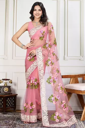Mauve embroidered work saree with blouse piece