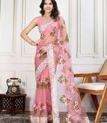 Mauve embroidered work saree with blouse piece