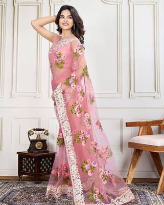Mauve embroidered work saree with blouse piece 2