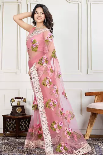 Mauve embroidered work saree with blouse piece