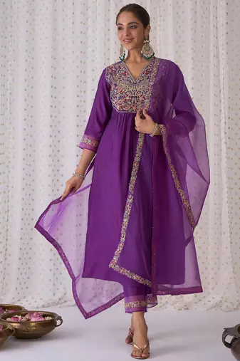 Purple embroidered liva kurta trouser dupatta set