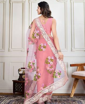 Mauve embroidered work saree with blouse piece 3