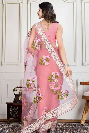 Mauve embroidered work saree with blouse piece