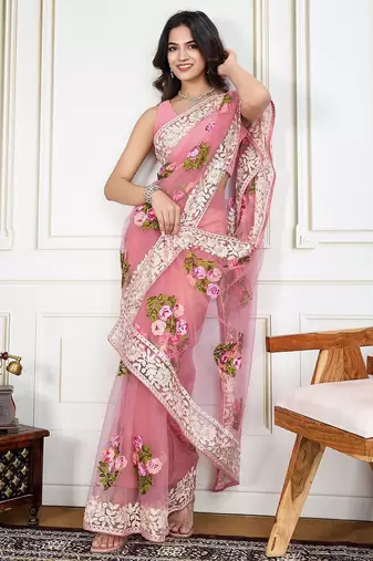Mauve embroidered work saree with blouse piece