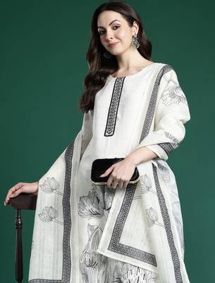 White printed linen kurta trouser dupatta set 1