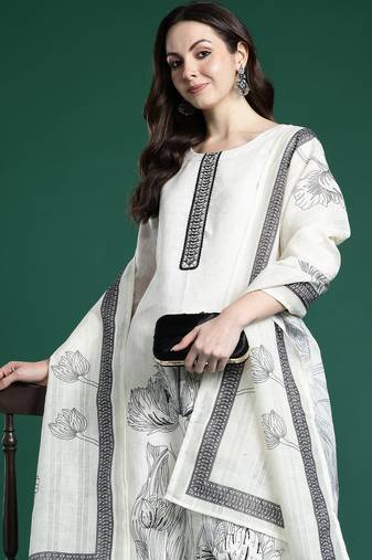 White printed linen kurta trouser dupatta set