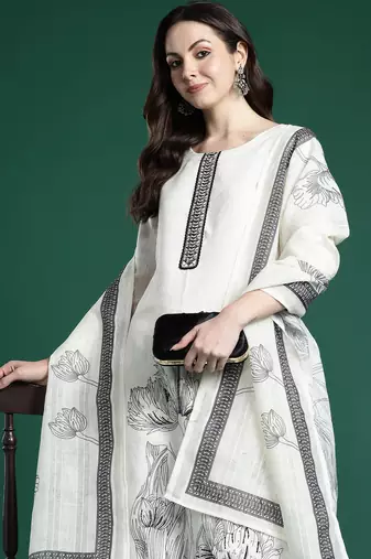 White printed linen kurta trouser dupatta set