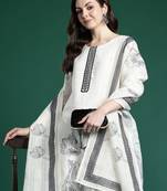 White printed linen kurta trouser dupatta set